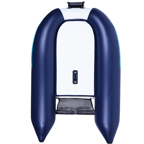 Float tube Seven Bass Expedition vu de dessus, boudins bleu marine et fond blanc