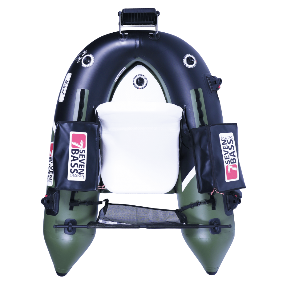 Float tube Seven Bass Brigad vu de dessus, flotteurs verts et poches latérales