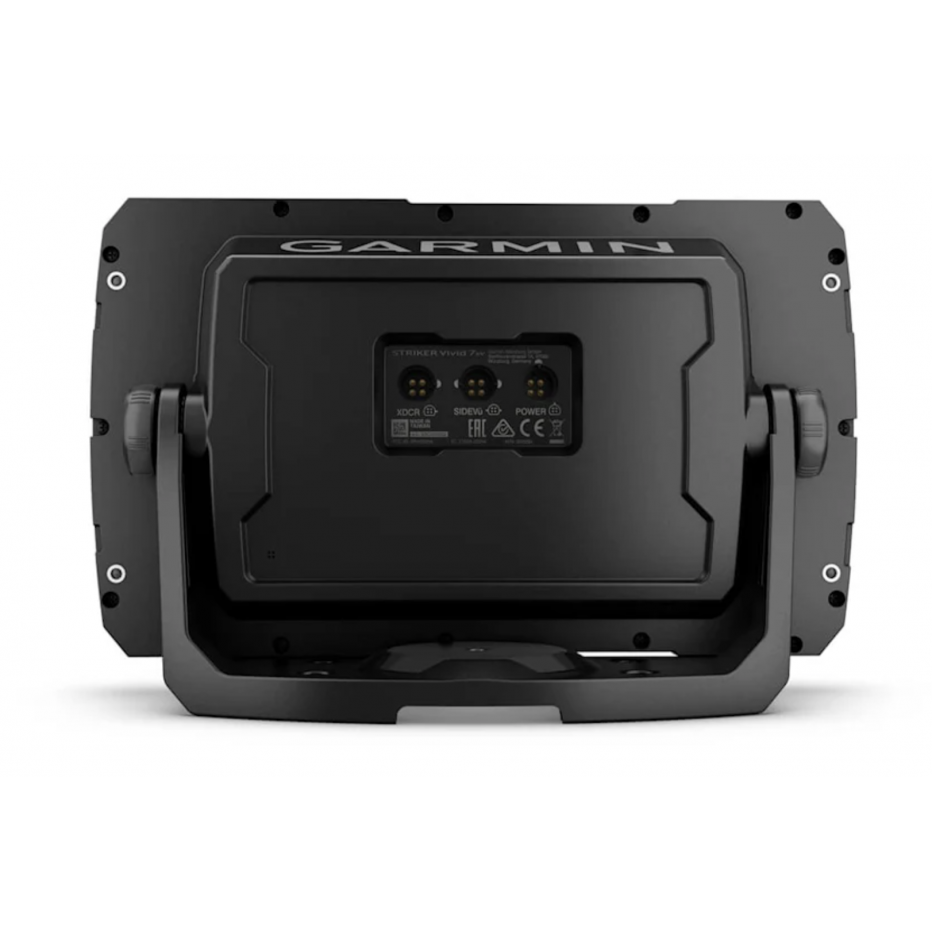 Face arrière du Garmin Striker Vivid 7sv avec son bloc de connecteurs et son étrier pivotant