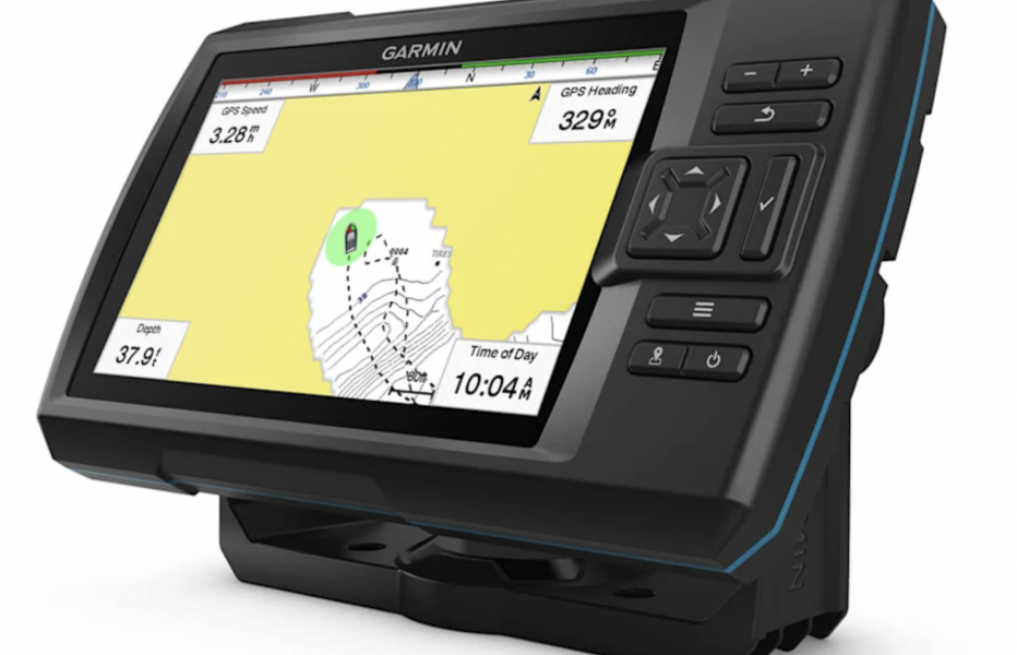 Garmin Striker Vivid 7sv vu de trois quarts, écran en mode cartographie