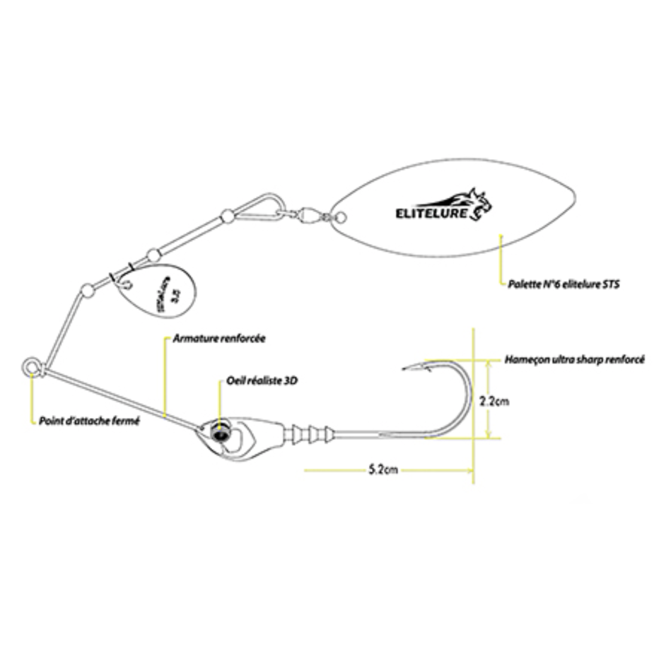 Schéma du BIM Tackle Tiger Pike : palette n° 6, armature renforcée, point d'attache fermé et hameçon ultra pointu